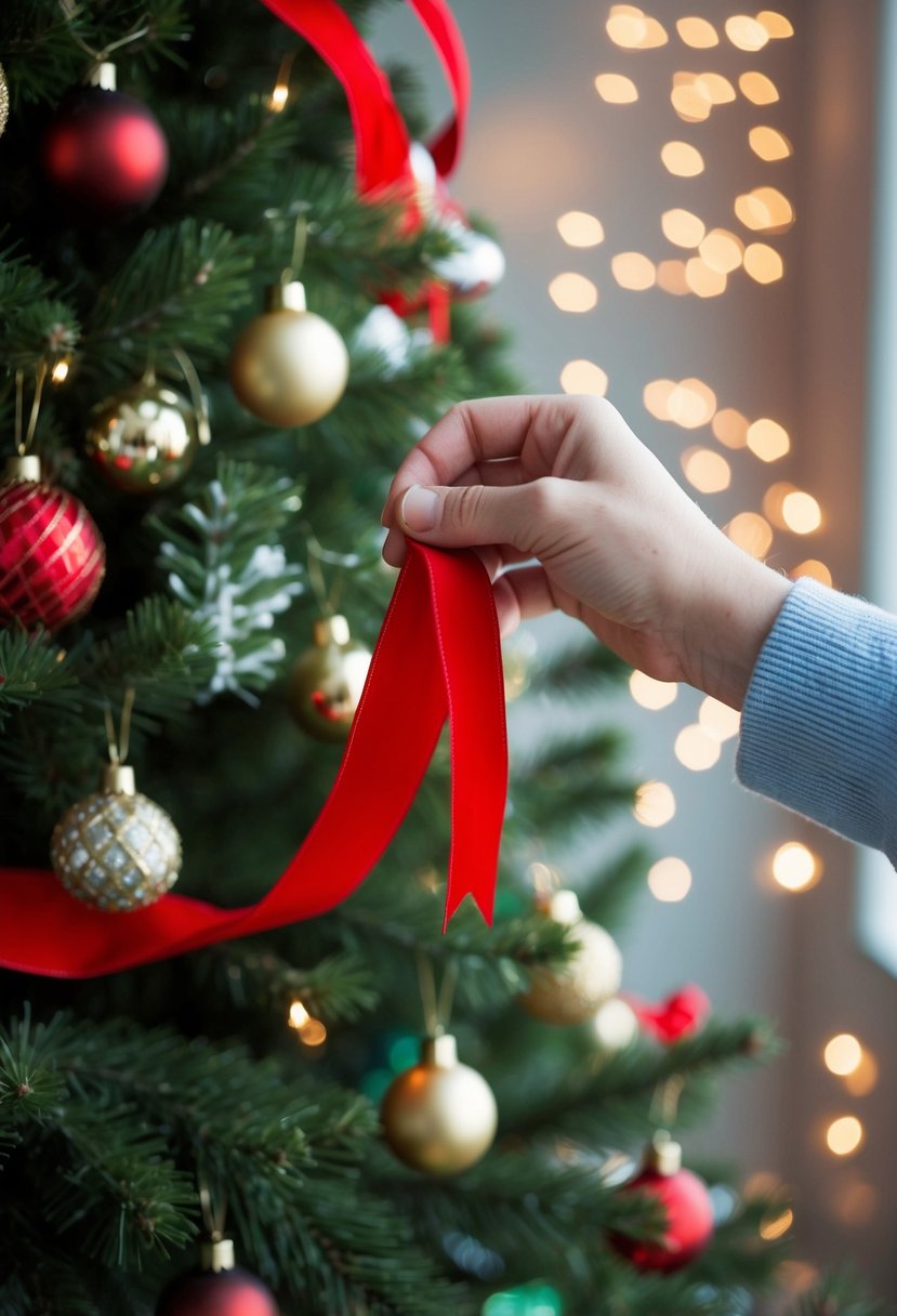 A hand adding a red ribbon to a fully decorated Christmas tree