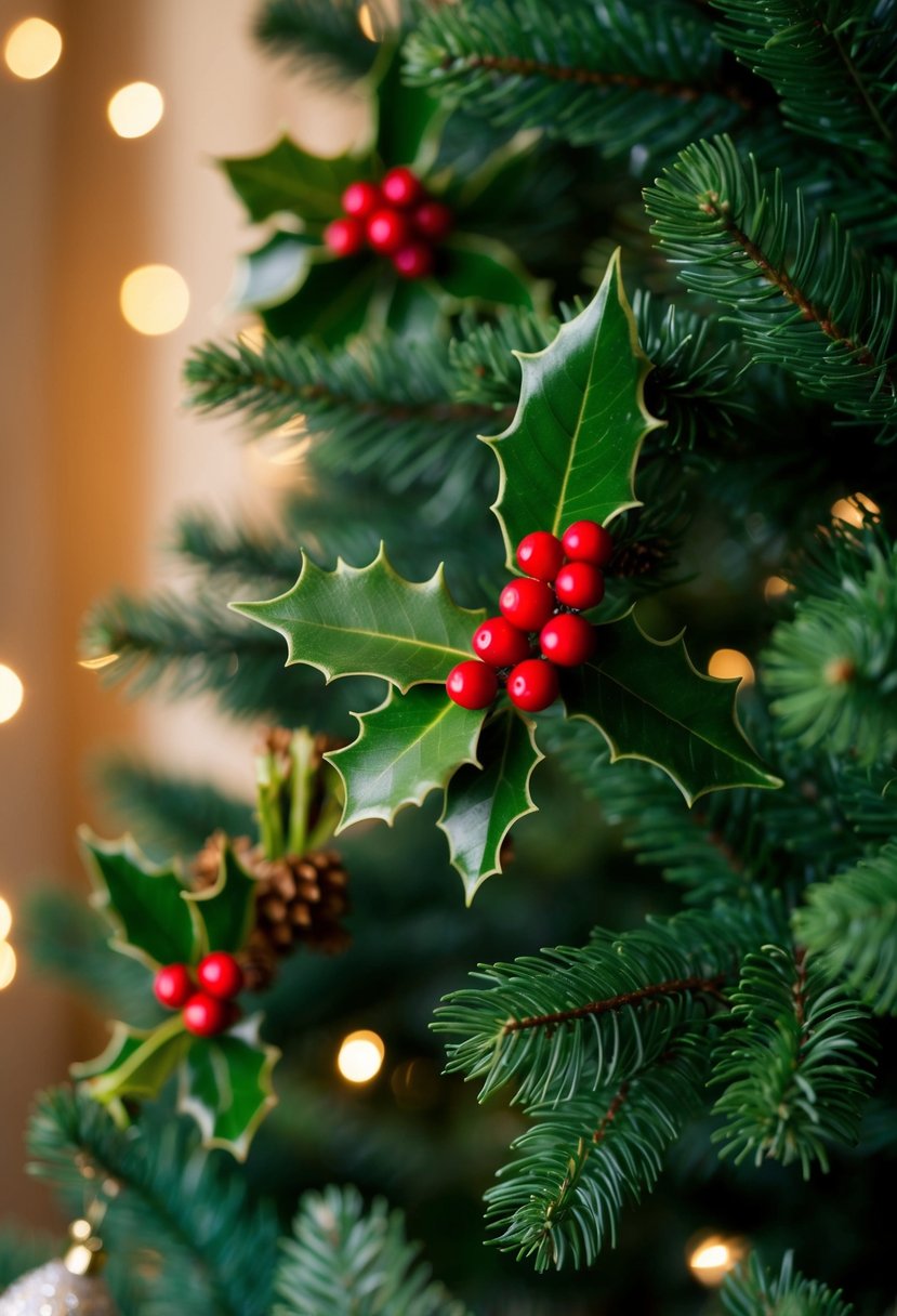 Sprigs of holly, mistletoe, and pine are carefully placed around the branches of the Christmas tree, adding a festive and professional touch