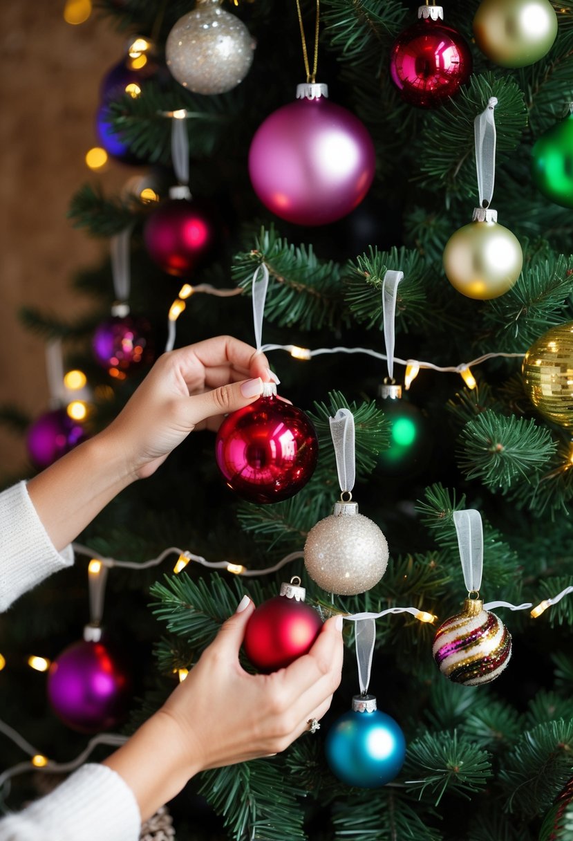 Various ornaments being carefully placed on a lush Christmas tree, including colorful balls, sparkling lights, and delicate ribbons