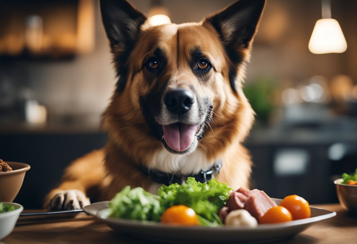 Um cachorro comendo feliz uma variedade de carnes cruas e vegetais de uma tigela, com uma expressão de contentamento no rosto.