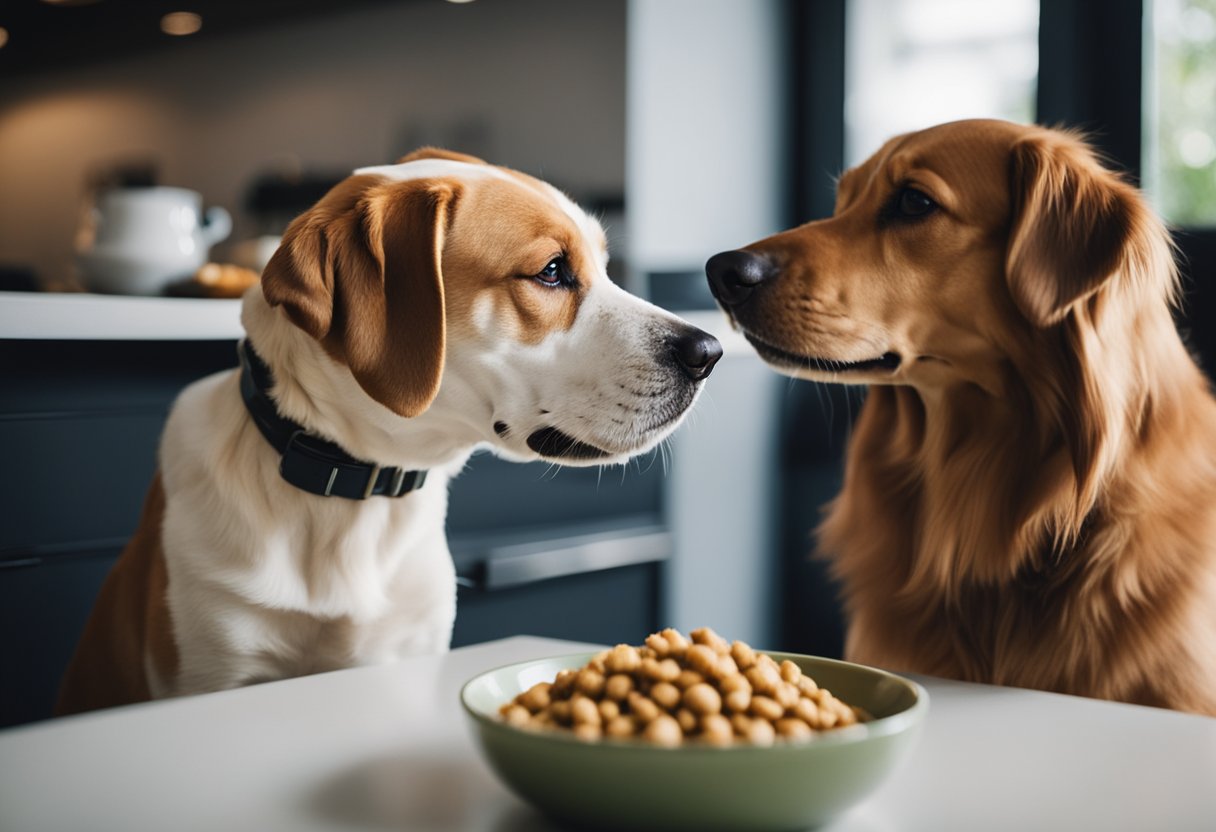 Um cachorro comendo feliz comida crua de uma tigela, enquanto um dono preocupado observa, ponderando os benefícios e riscos da alimentação crua para seu animal de estimação.