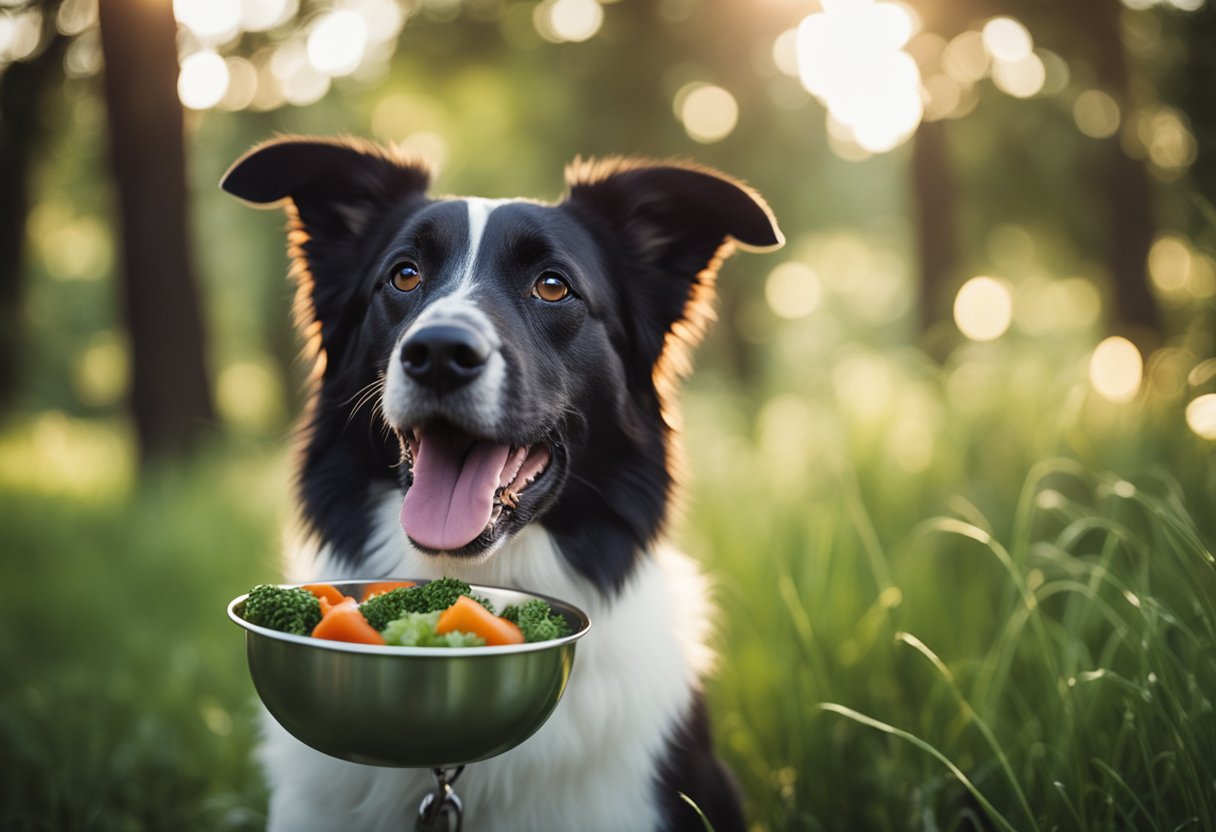 Um cachorro feliz comendo avidamente uma tigela de carne crua e vegetais, com um pelo brilhante e olhos brilhantes, cercado por elementos naturais como grama e árvores