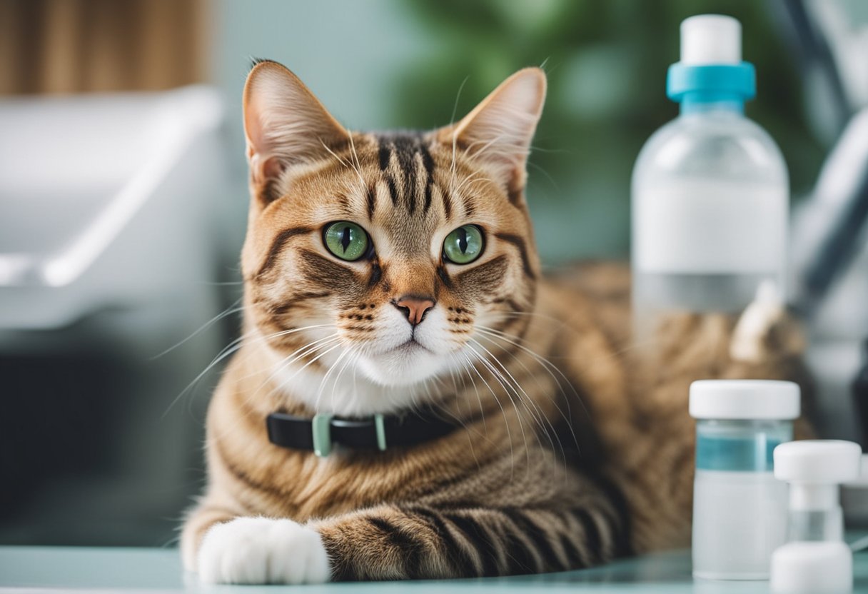 Um gato doméstico recebendo cuidados preventivos: vacinas, tratamento contra pulgas e check-ups regulares no consultório do veterinário.