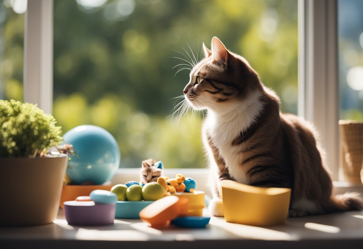 Uma sala de estar aconchegante com um gato descansando em um peitoril de janela ensolarado, cercado por brinquedos e uma caixa de areia limpa. Uma tigela de água fresca e comida saudável está próxima.