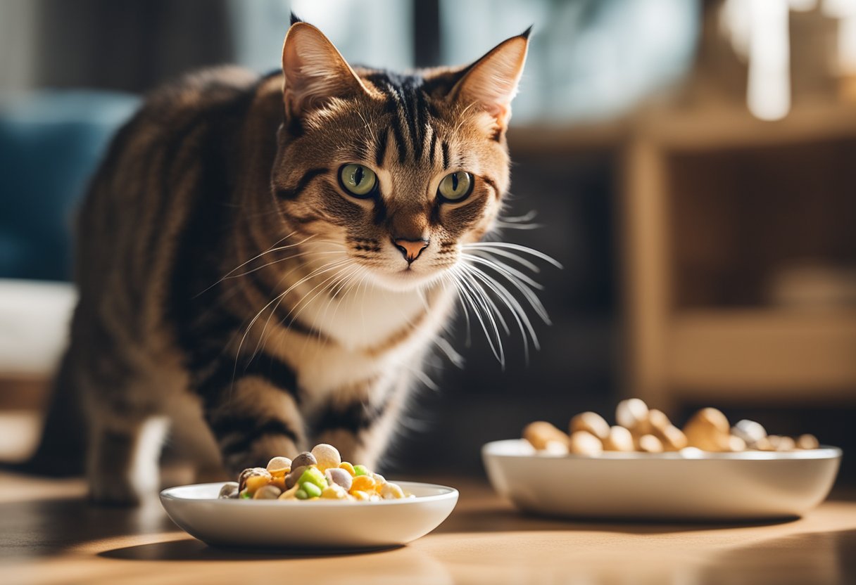 Um gato doméstico brincando com uma variedade de brinquedos em um ambiente de sala limpo e espaçoso, com uma tigela de comida com aparência saudável e água fresca por perto.