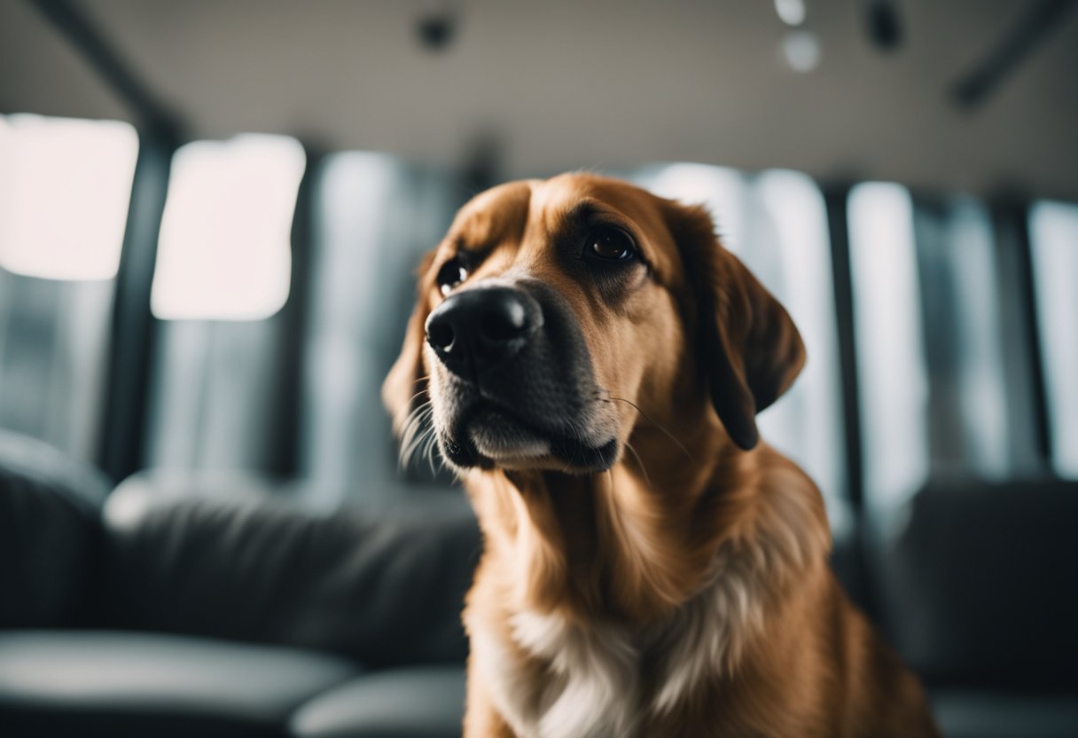 Um cachorro com uma expressão triste coçando seu pelo, enquanto pequenos parasitas são visíveis em sua pele.