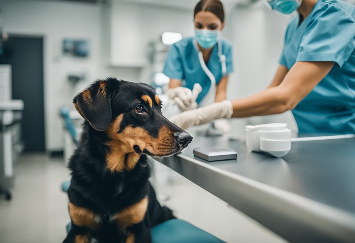 Um cachorro deitado na mesa de exame de um veterinário, com um dono preocupado observando enquanto o veterinário inspeciona o cachorro em busca de sinais de infestação parasitária.