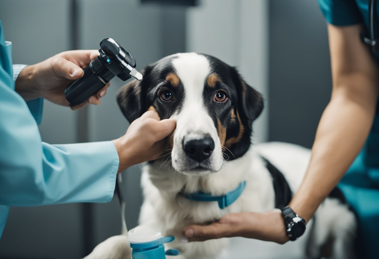 Um cachorro recebendo tratamento para parasitas de um veterinário, com medicação sendo administrada e o cachorro sendo confortado.