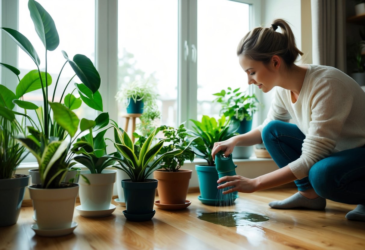 A cozy living room with a variety of houseplants placed near a bright window, with a person gently watering and fertilizing them