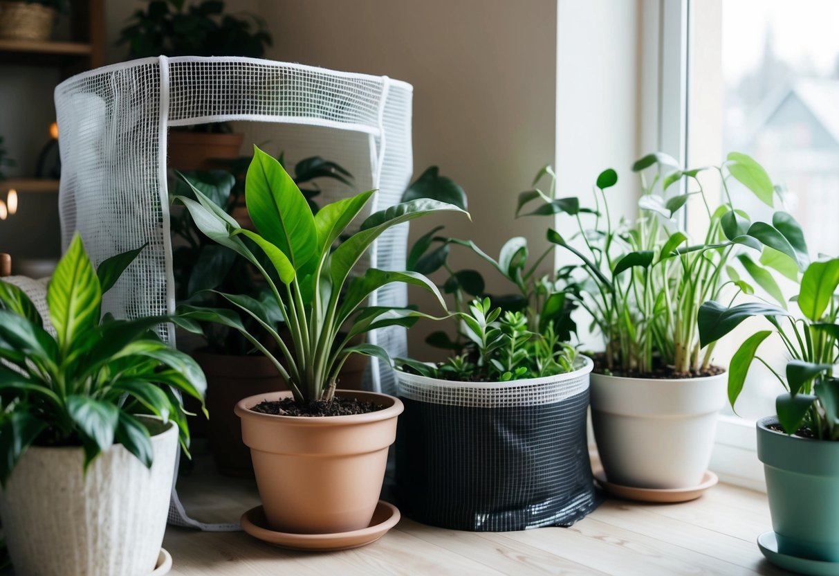 A cozy indoor scene with houseplants surrounded by protective barriers, such as mesh coverings and insulation, to shield them from pests and cold drafts during the winter