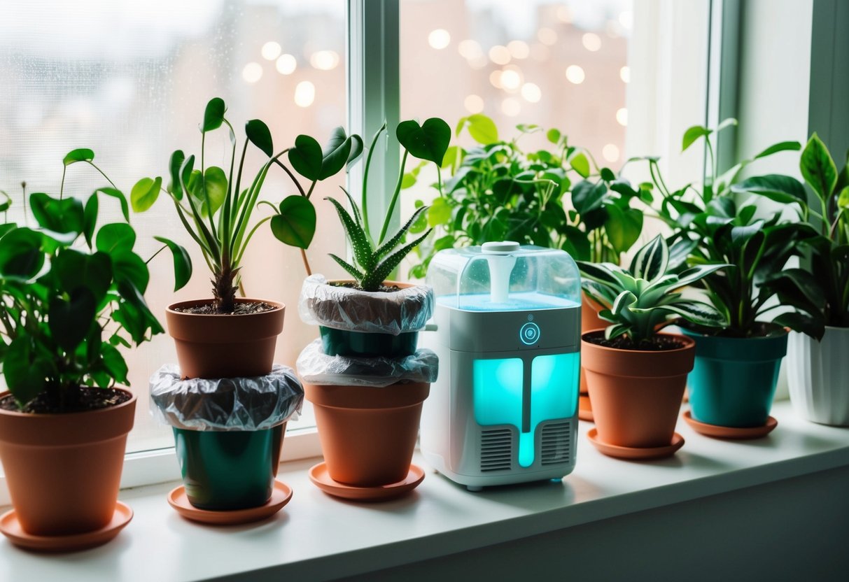 Various houseplants in pots arranged on a windowsill, with some covered in plastic to protect them from the cold. Others are placed near a humidifier to maintain proper moisture levels