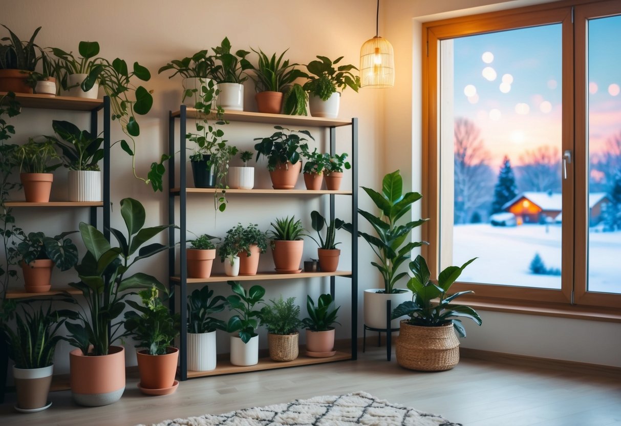 A cozy living room with various houseplants arranged on shelves, with a warm winter scene outside the window