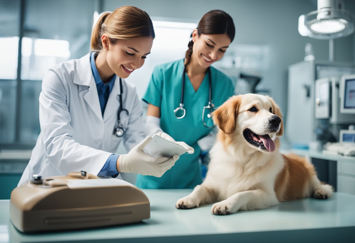 Um veterinário examinando um cachorro feliz em uma mesa de exame, cercado por equipamentos médicos e gráficos.