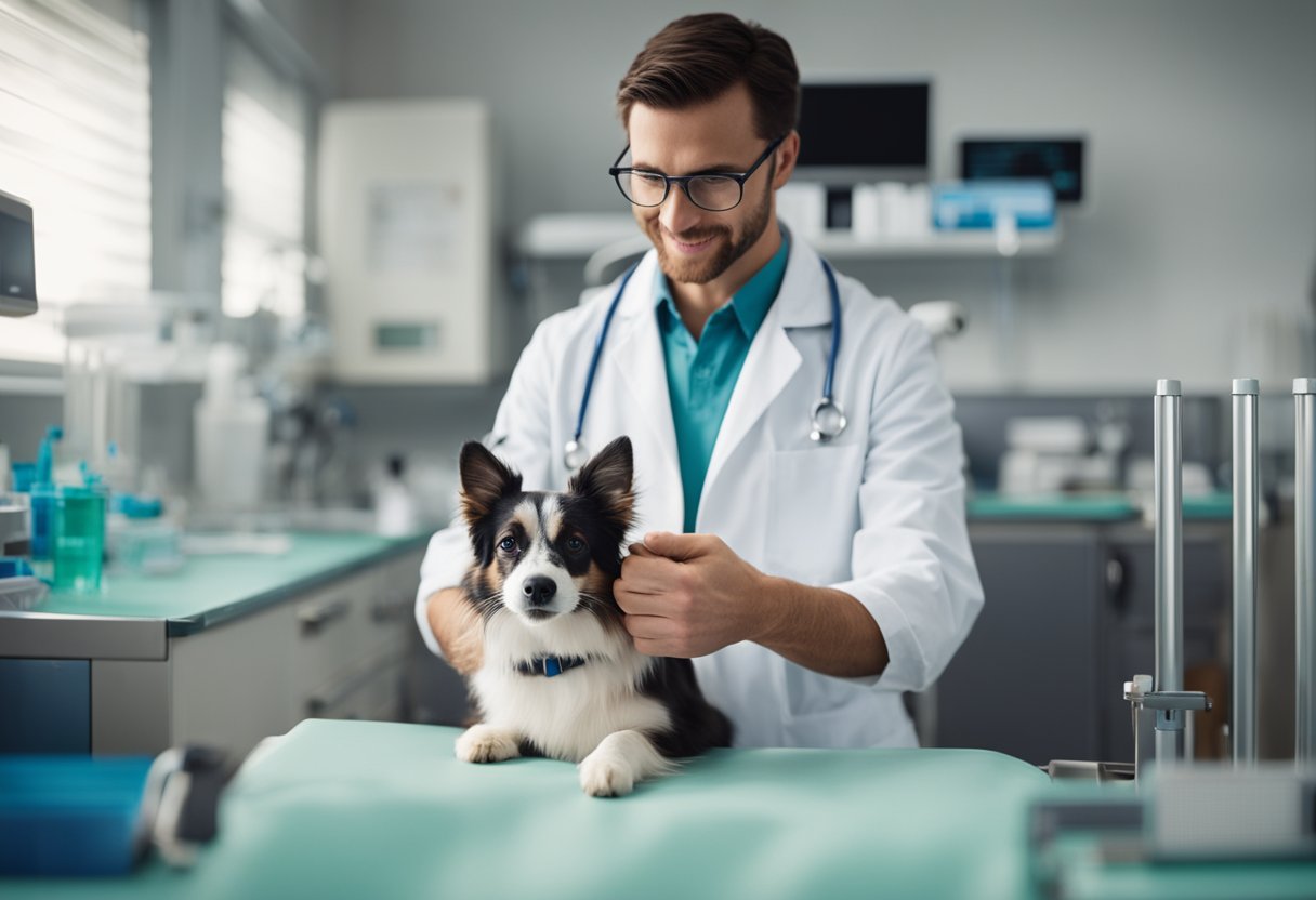 Um veterinário realizando um exame minucioso em um animal de estimação feliz e relaxado, cercado por vários instrumentos e equipamentos médicos em uma sala de exame clara e limpa.