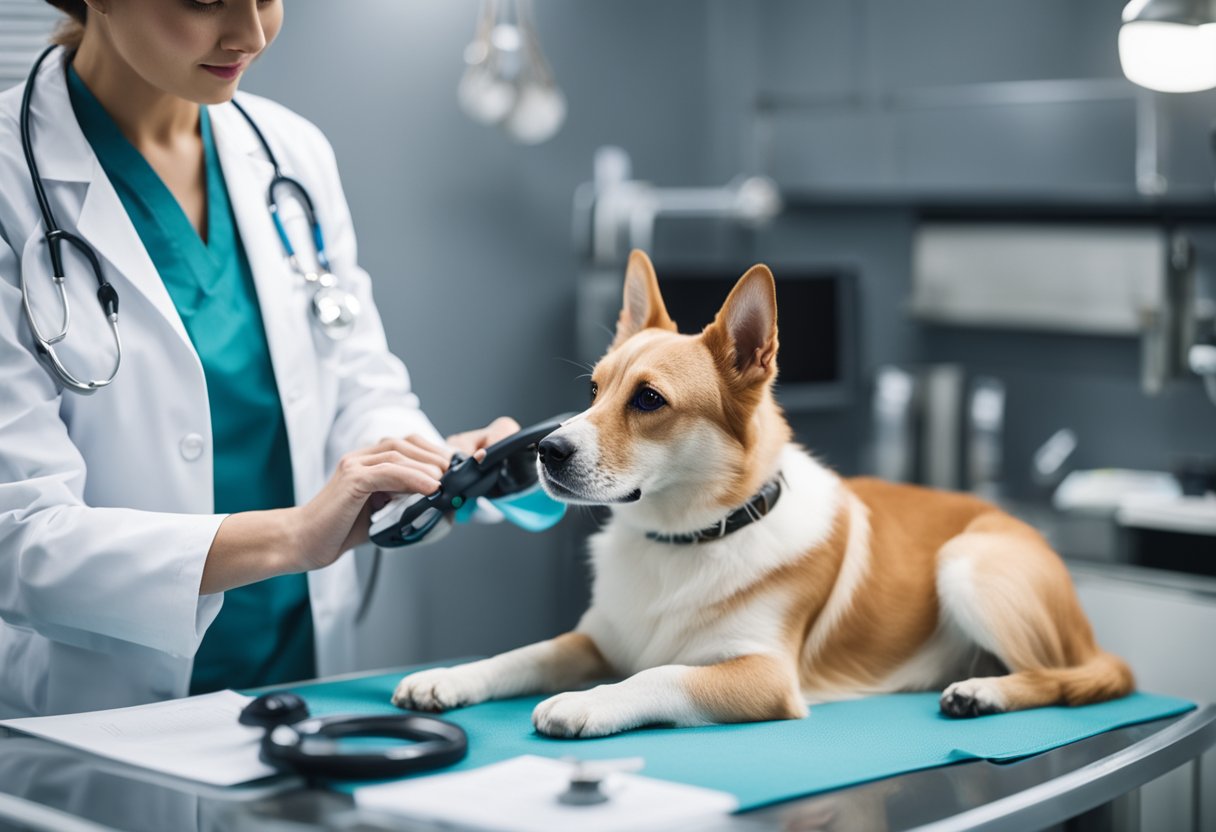 Um veterinário examinando um animal de estimação calmo e bem cuidado em uma mesa de exame, cercado por equipamentos médicos e gráficos.