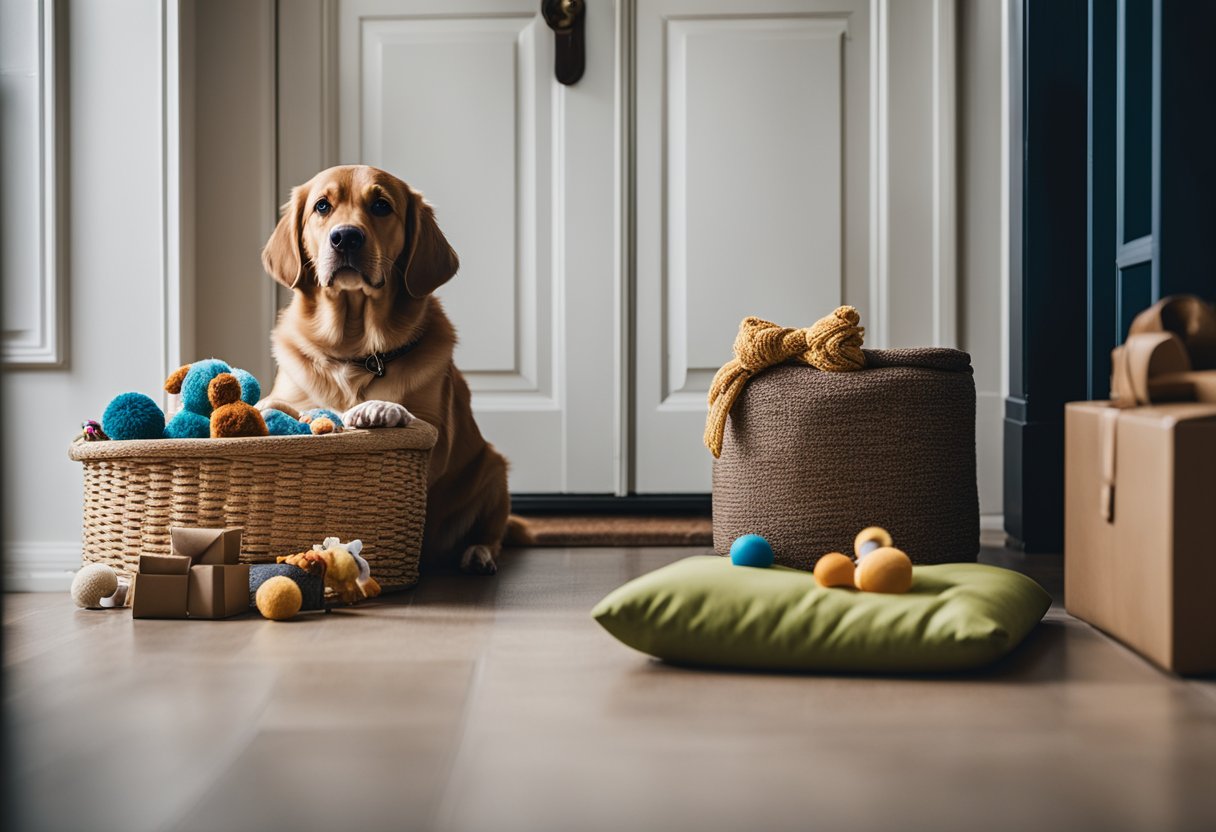 Um cachorro sentado perto da porta da frente, parecendo ansioso enquanto o dono sai, com brinquedos espalhados e uma cama aconchegante nas proximidades.