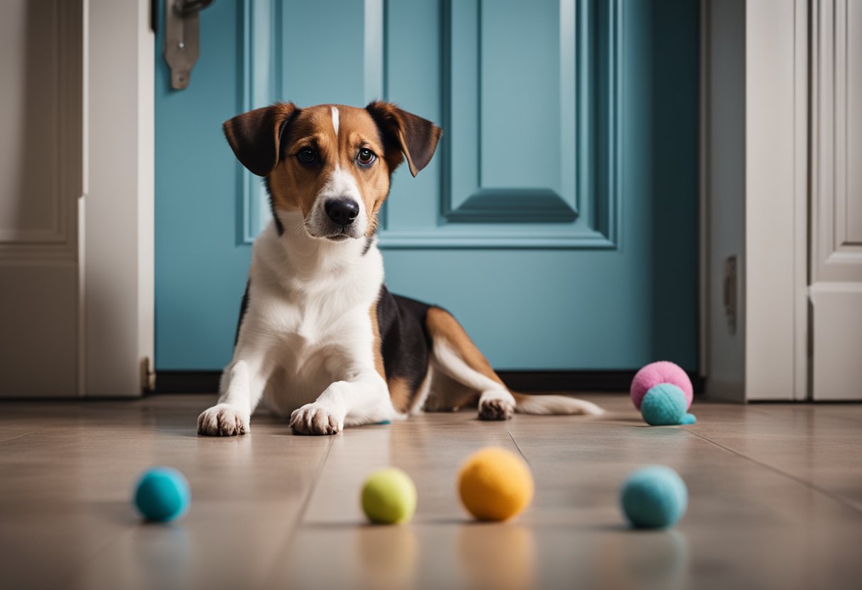 Um cachorro sentado ao lado de uma porta fechada, parecendo ansioso e choramingando suavemente, com um travesseiro rasgado e brinquedos espalhados pelo chão.