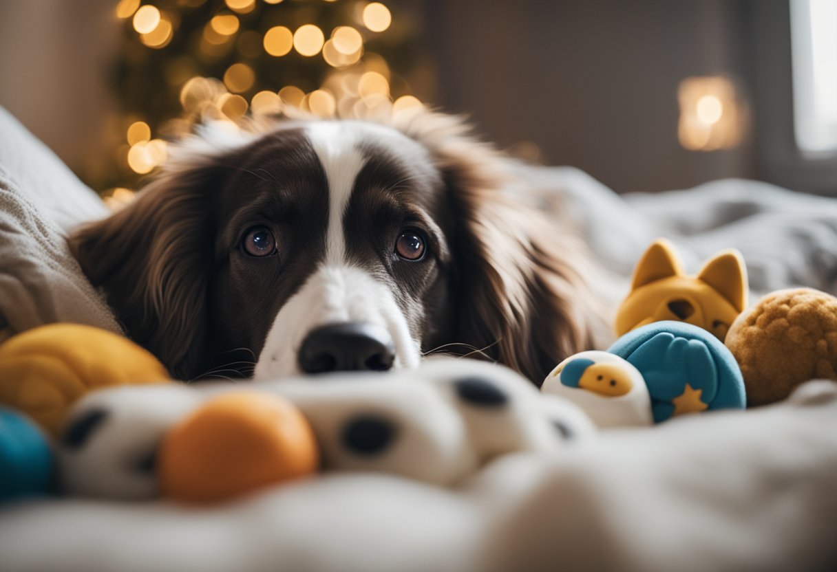 Um cachorro deitado em uma cama aconchegante, cercado por brinquedos e cobertores familiares. Uma janela deixa entrar a luz natural, e uma música suave toca ao fundo para criar uma atmosfera relaxante.