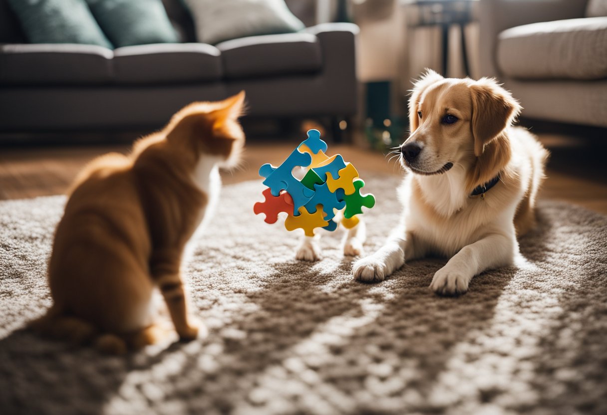 Um cachorro brincalhão interage com um brinquedo de quebra-cabeça, enquanto um gato bate em um brinquedo de pena pendurado em uma aconchegante sala de estar.