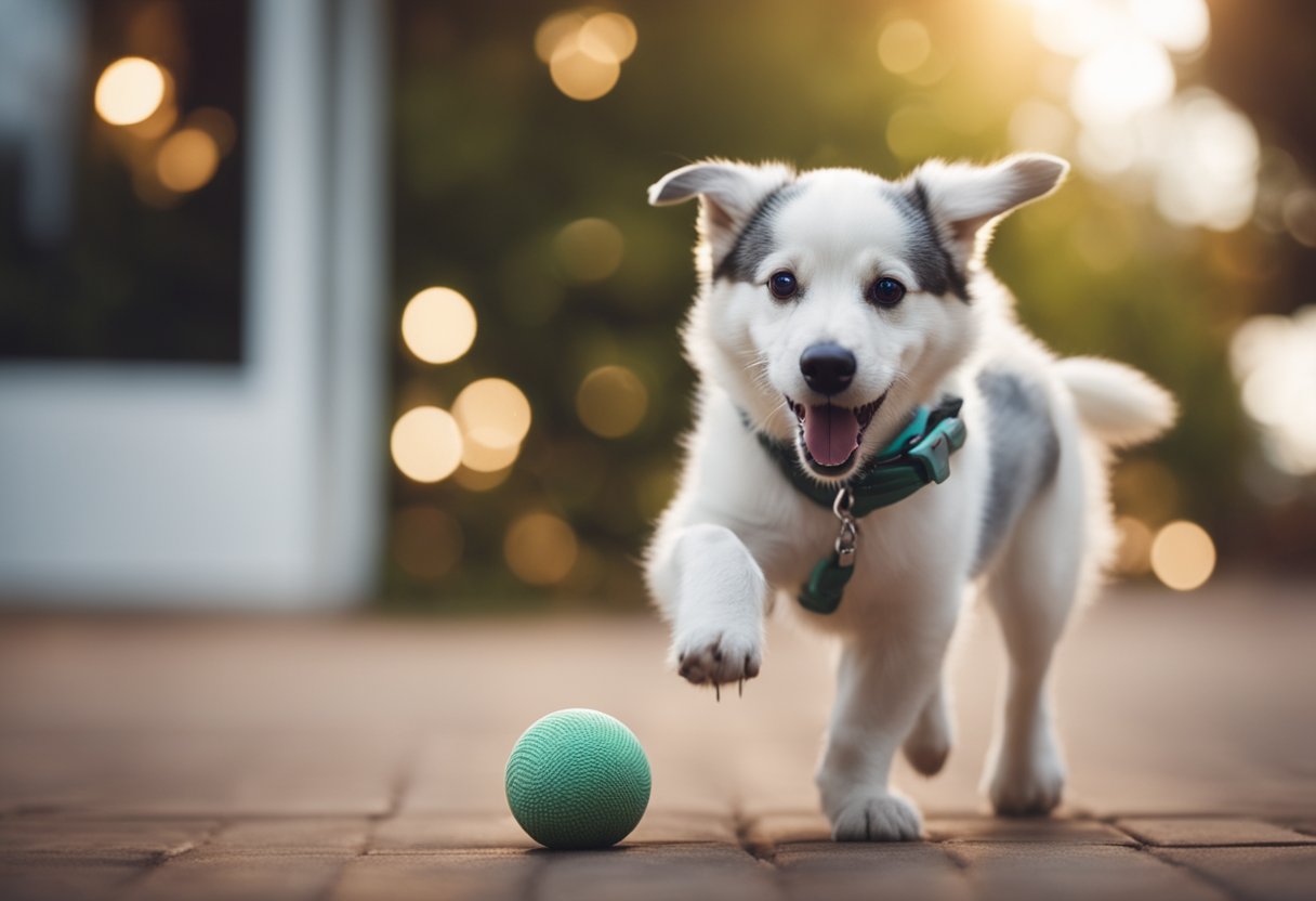 Um cachorro brinca feliz com um brinquedo interativo, balançando o rabo e perseguindo ansiosamente as partes em movimento.