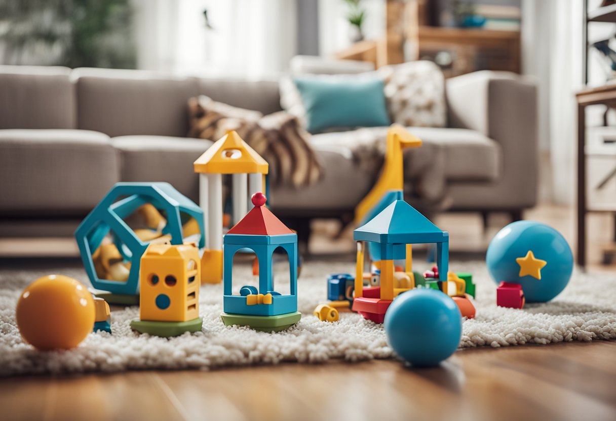 Uma variedade de brinquedos interativos espalhados pelo chão de uma sala de estar, com um animal de estimação brincalhão interagindo animadamente com cada um deles.