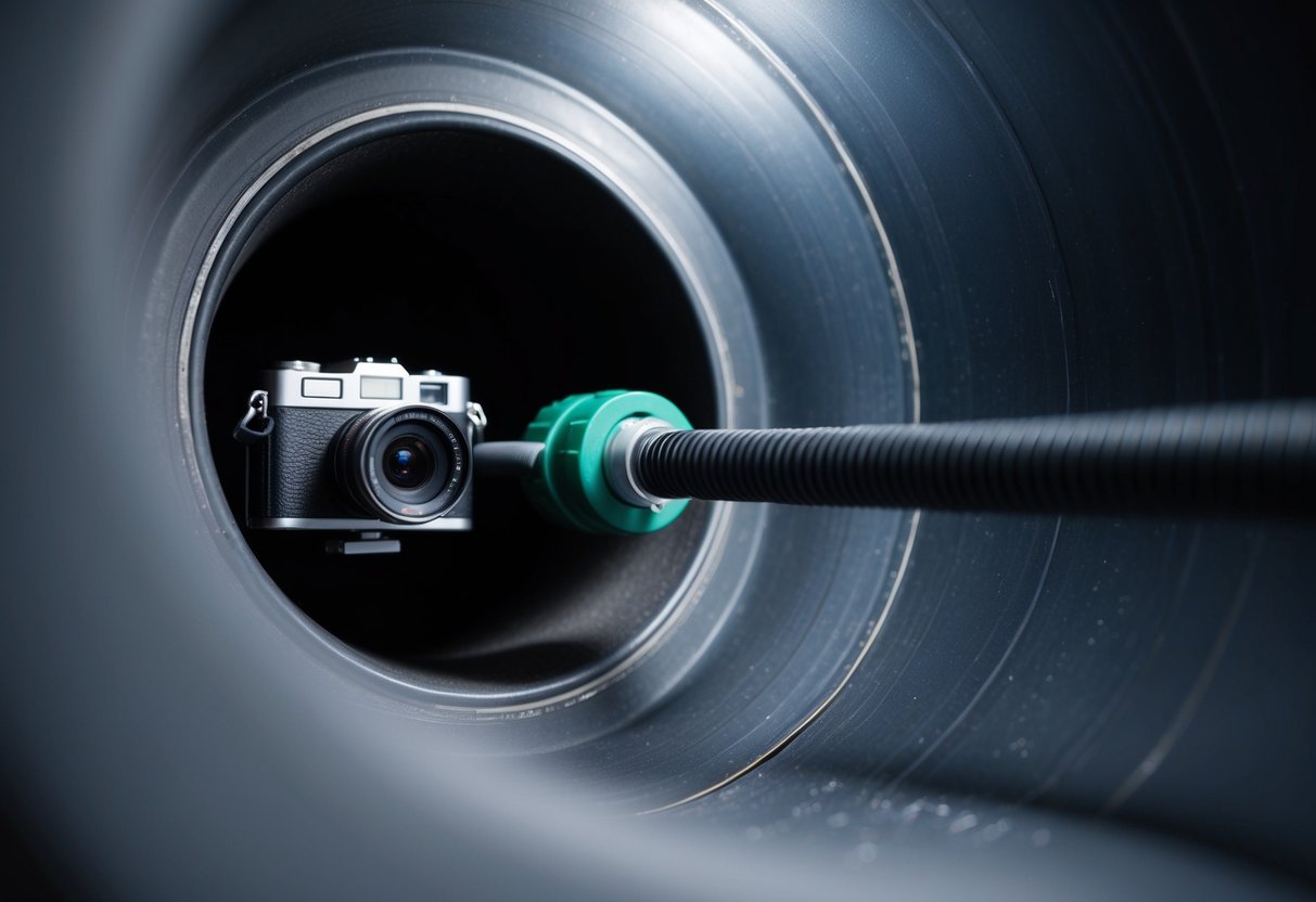 A camera attached to a flexible rod, inserted into a dark and narrow pipe for inspection