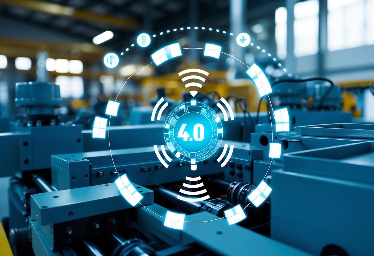 Des capteurs placés sur des machines dans un environnement industriel moderne, transmettant des données sans fil à un hub central pour l'analyse et la surveillance dans l'Industrie 4.0