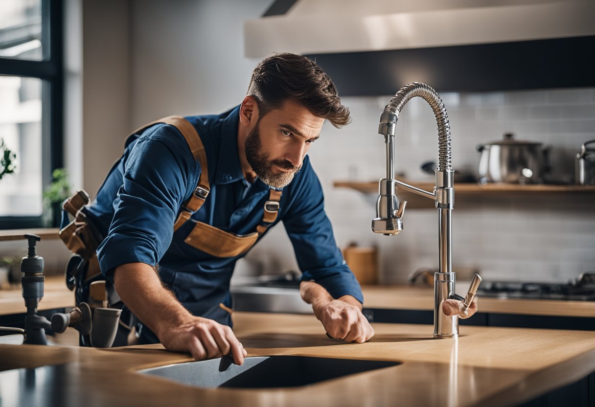 A plumber fixing a leaky pipe in a renovated kitchen