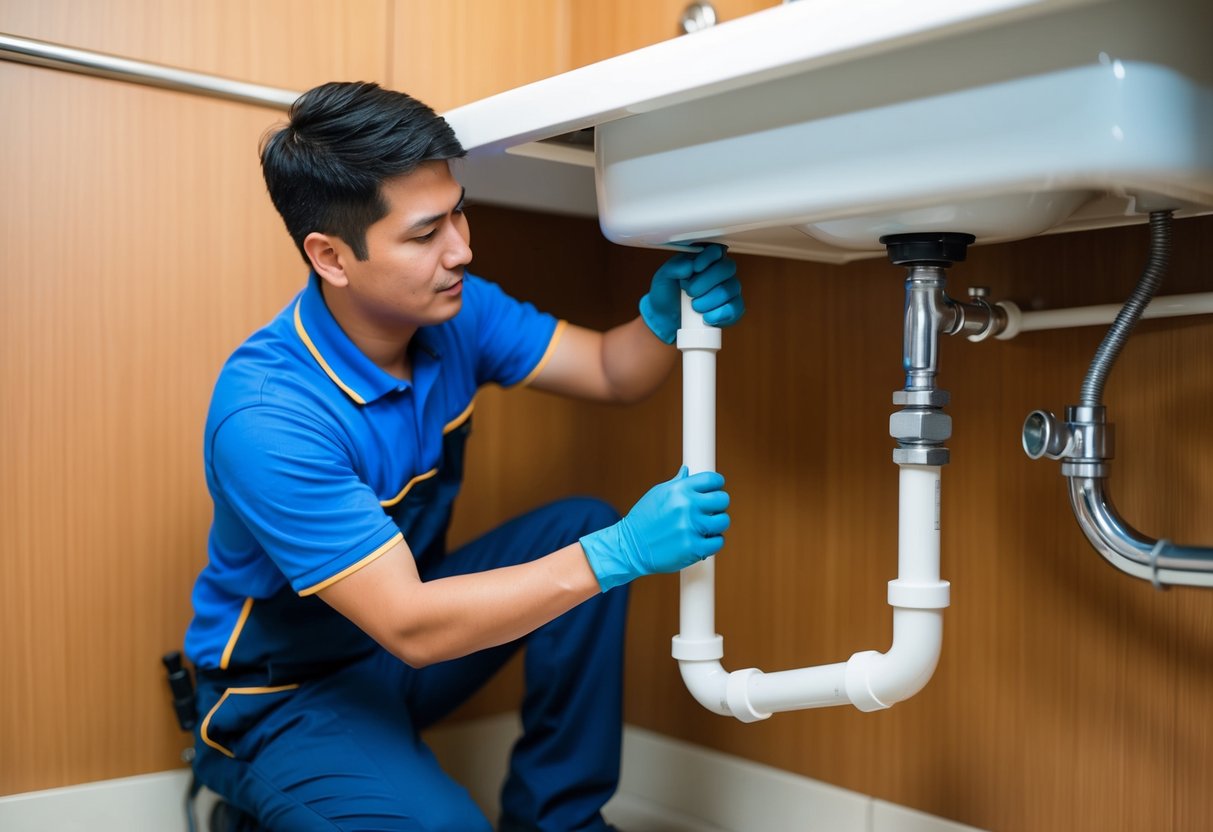 A plumber in Ara Damansara fixing a leaky pipe under a sink