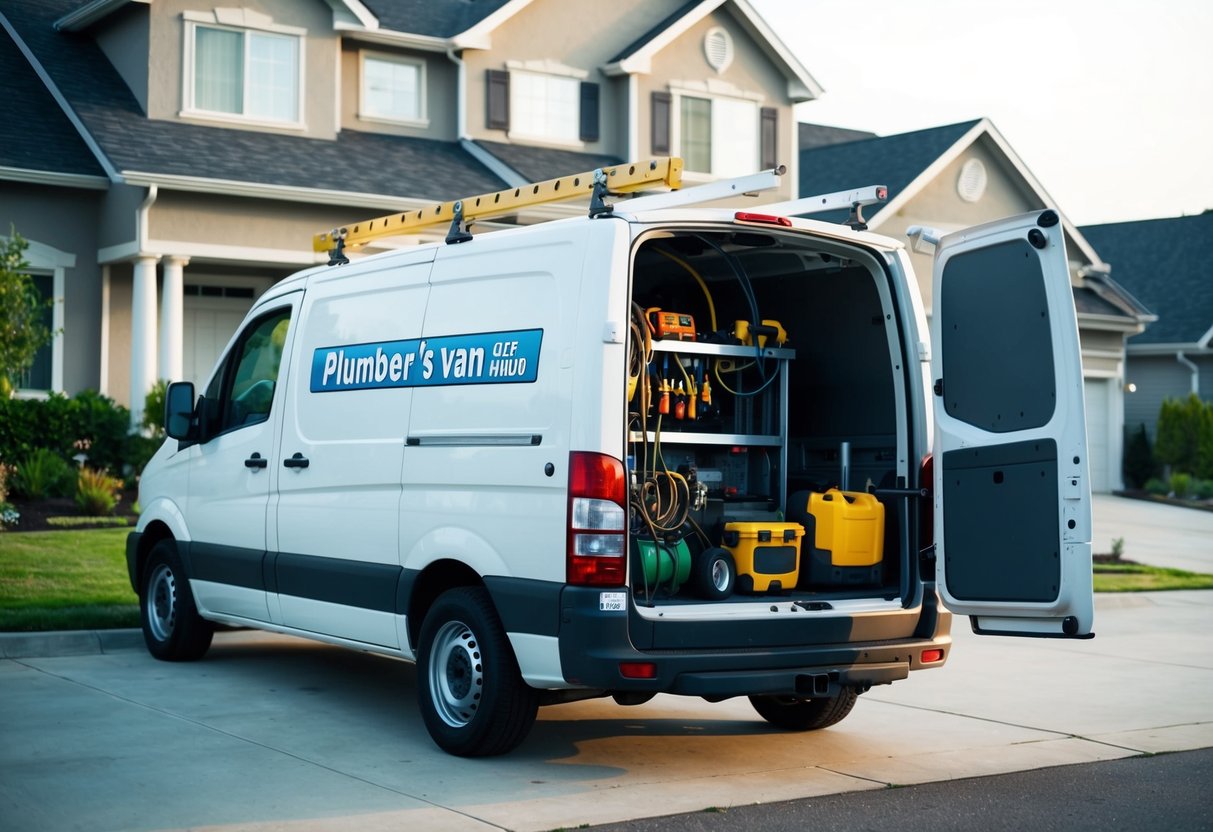 A plumber's van parked in front of a suburban home, with tools and equipment spilling out of the open back door