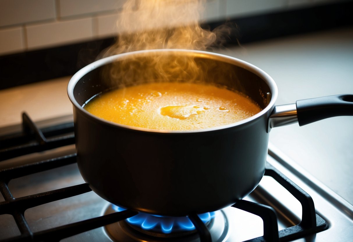 A pot on a stove with sugar melting into a golden liquid