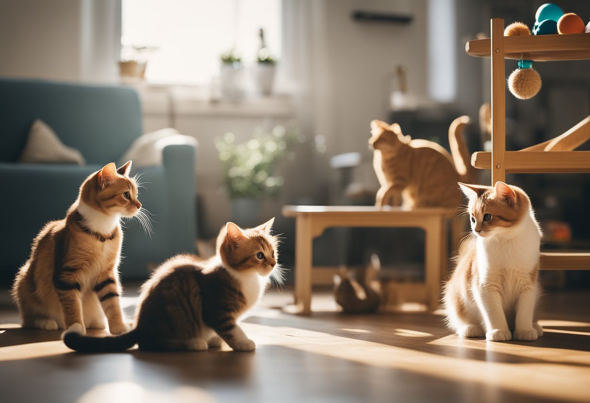 Um grupo de gatos interagindo pacificamente em uma sala de estar espaçosa e iluminada pelo sol, com vários brinquedos e estruturas de escalada para incentivar a socialização e a brincadeira.