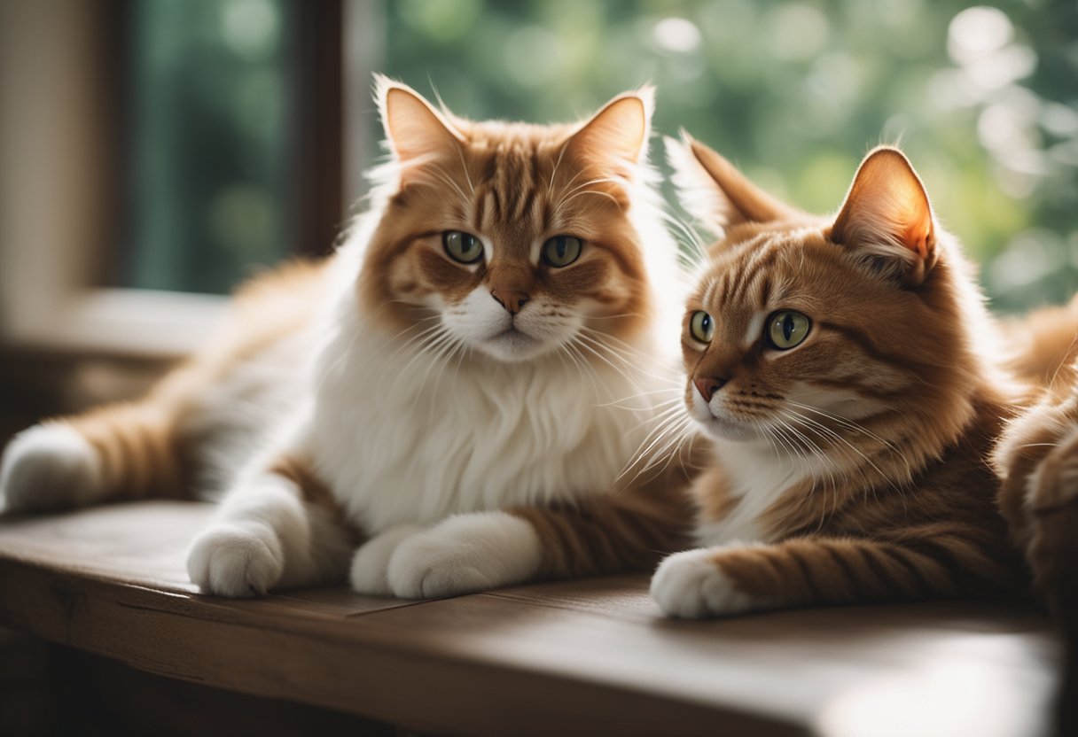 Dois gatos sentados juntos pacificamente, se cuidando em um ambiente doméstico aconchegante