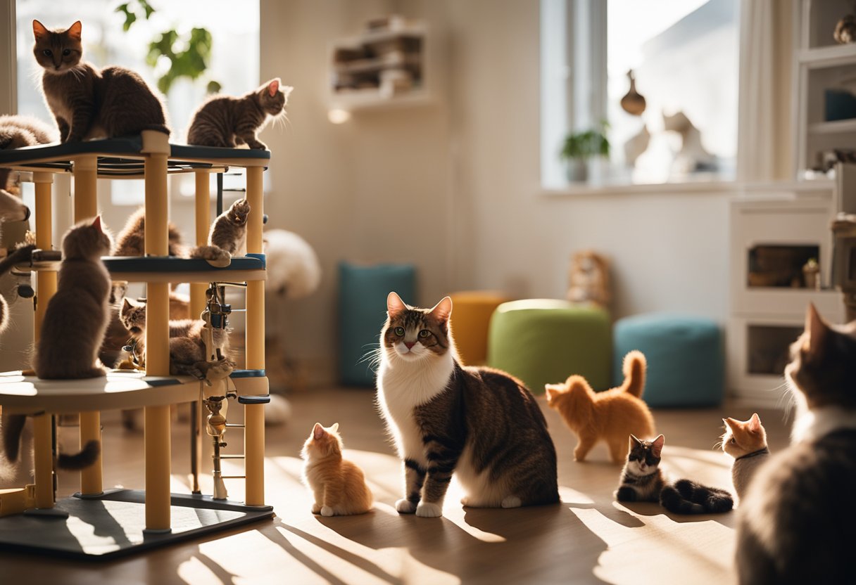 Um grupo de gatos interagindo pacificamente em uma sala espaçosa e iluminada pelo sol, com vários brinquedos e estruturas para escalar, enquanto um proprietário calmo e atento observa à distância.