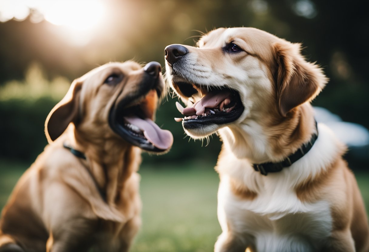 Um cachorro mostrando os dentes e rosnando para outro cachorro, com pelos eriçados e uma postura corporal tensa.