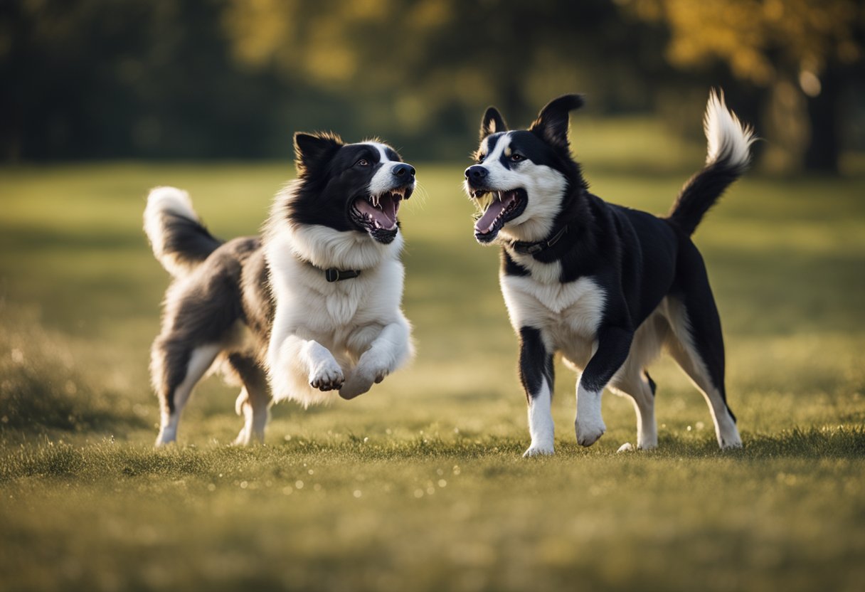 Um cachorro rosnando mostra os dentes, com as orelhas empurradas para trás e em pé, rígido, com os pelos do pescoço eriçados, enquanto outro cachorro se encolhe nas proximidades.