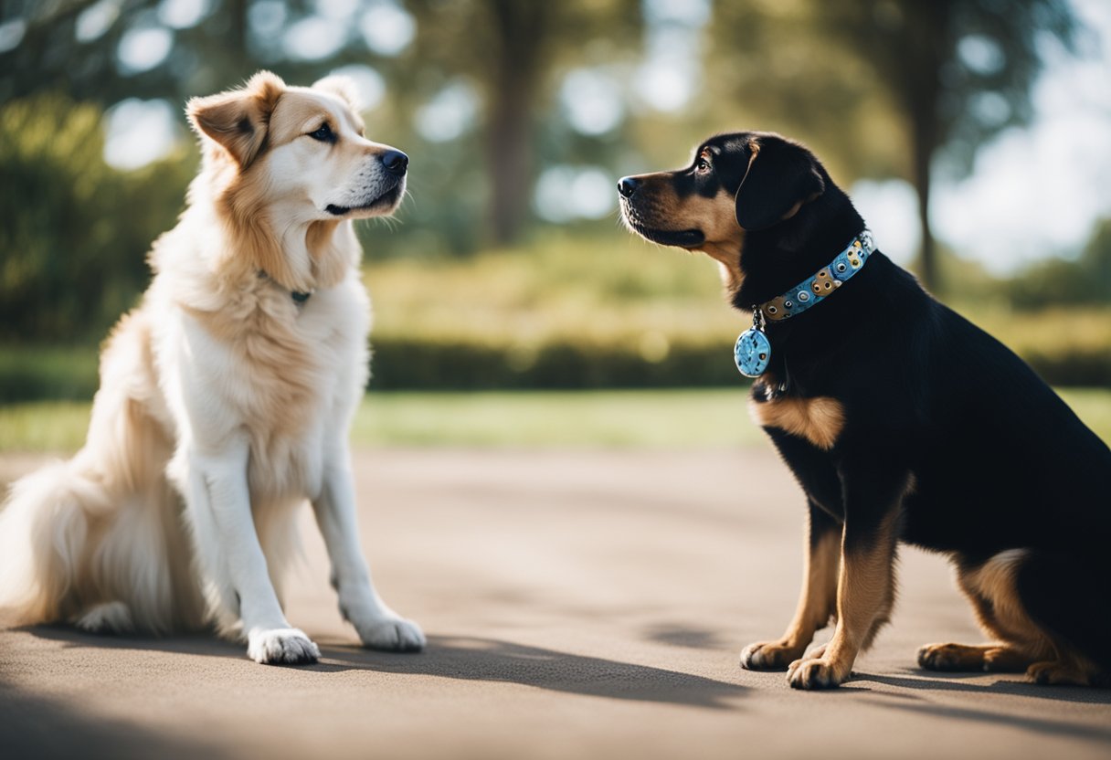 Um adestrador de cães redireciona calmamente a atenção de um cachorro rosnando com um brinquedo, enquanto outro cachorro senta-se obedientemente perto.