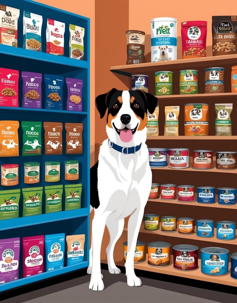 A dog standing next to a variety of dog food brands displayed on shelves in a pet store