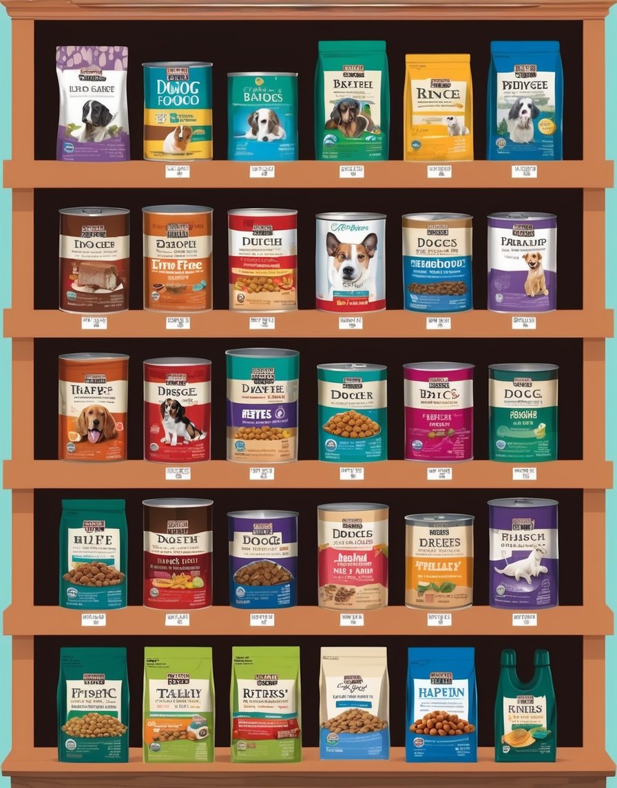 A variety of dog food brands displayed on shelves with price tags