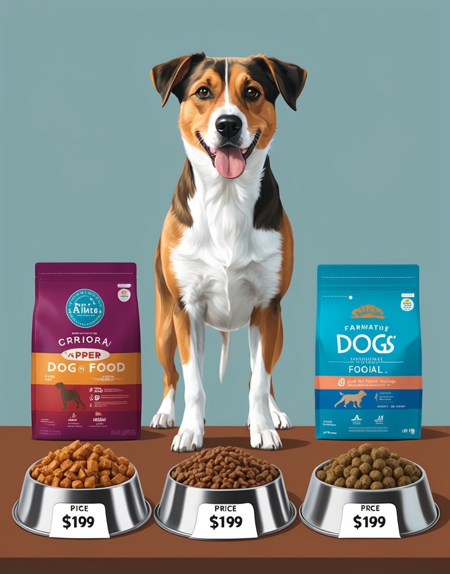 A dog standing in front of three different types of dog food, with price tags displayed next to each option