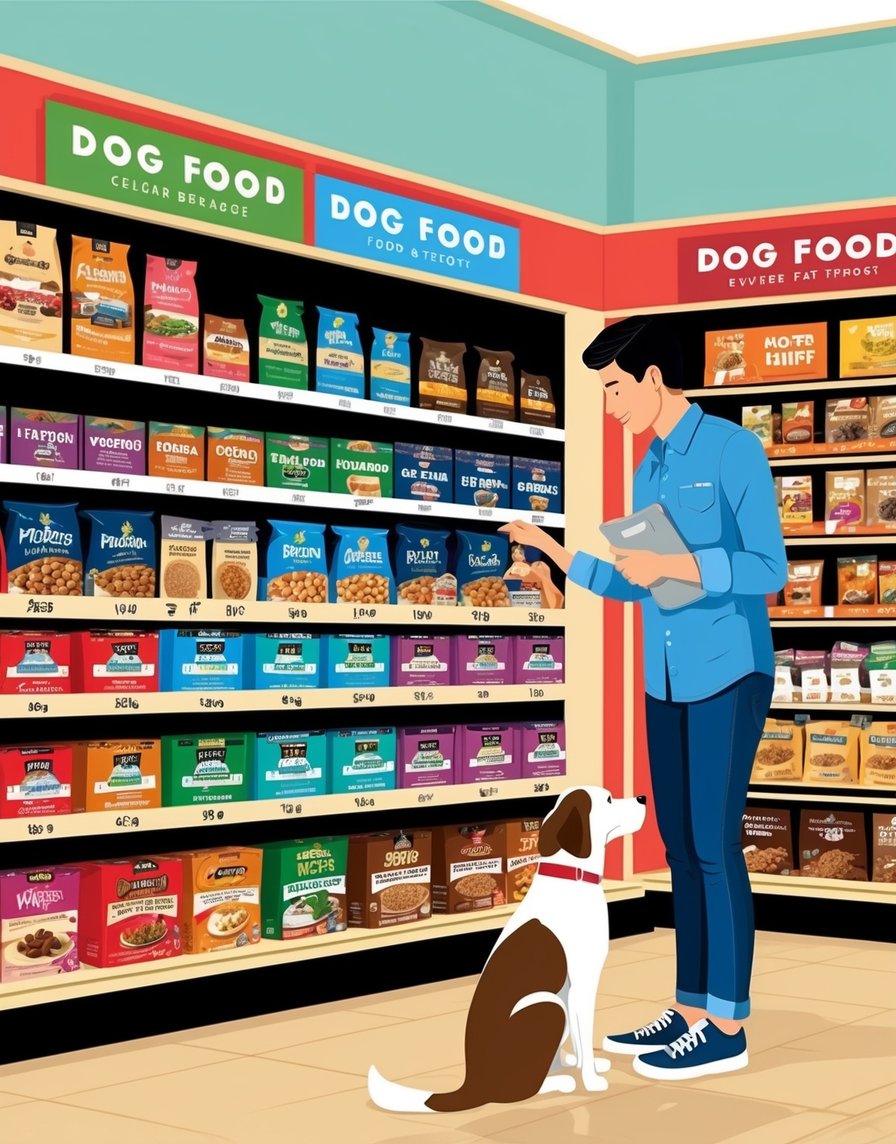 A dog owner comparing prices of various dog food brands at a pet store