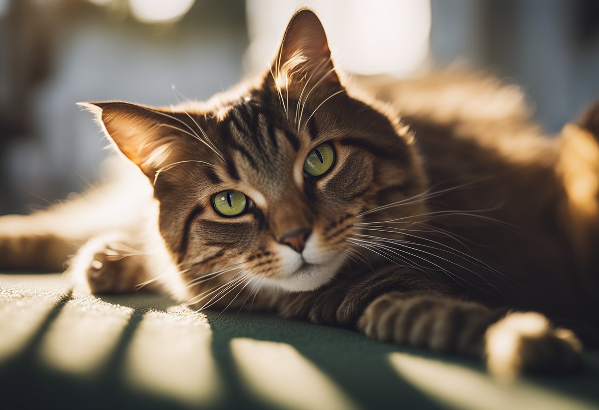 Um gato idoso brincando com um brinquedo de penas em um quarto iluminado pelo sol