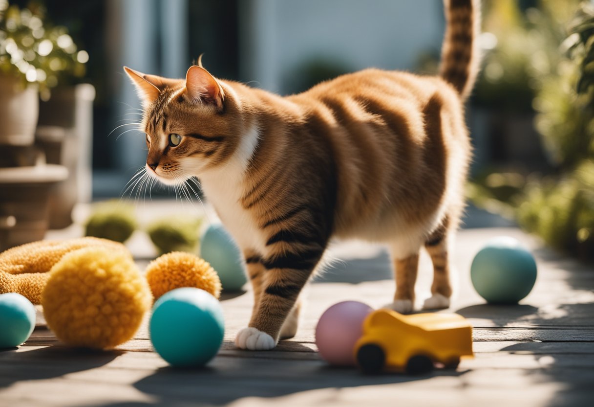 Um gato idoso se espreguiçando e caminhando devagar em um pátio ensolarado, cercado por brinquedos e uma cama confortável