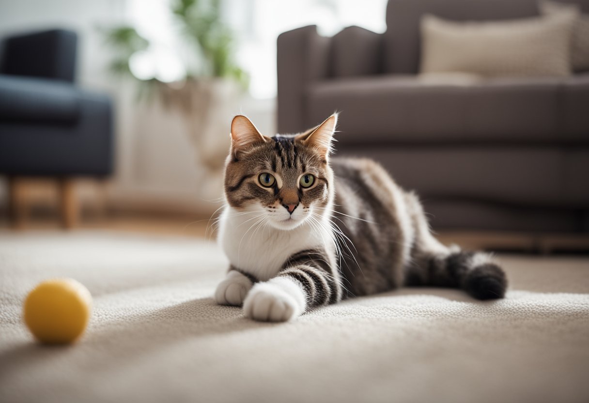 Um gato idoso se espreguiçando e andando por uma sala de estar aconchegante, com brinquedos e um arranhador por perto.