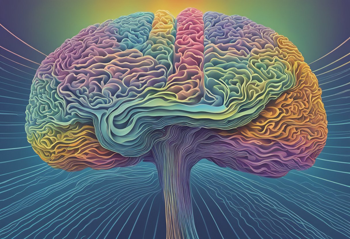 A brain with different wave patterns emanating from it, representing various states of consciousness