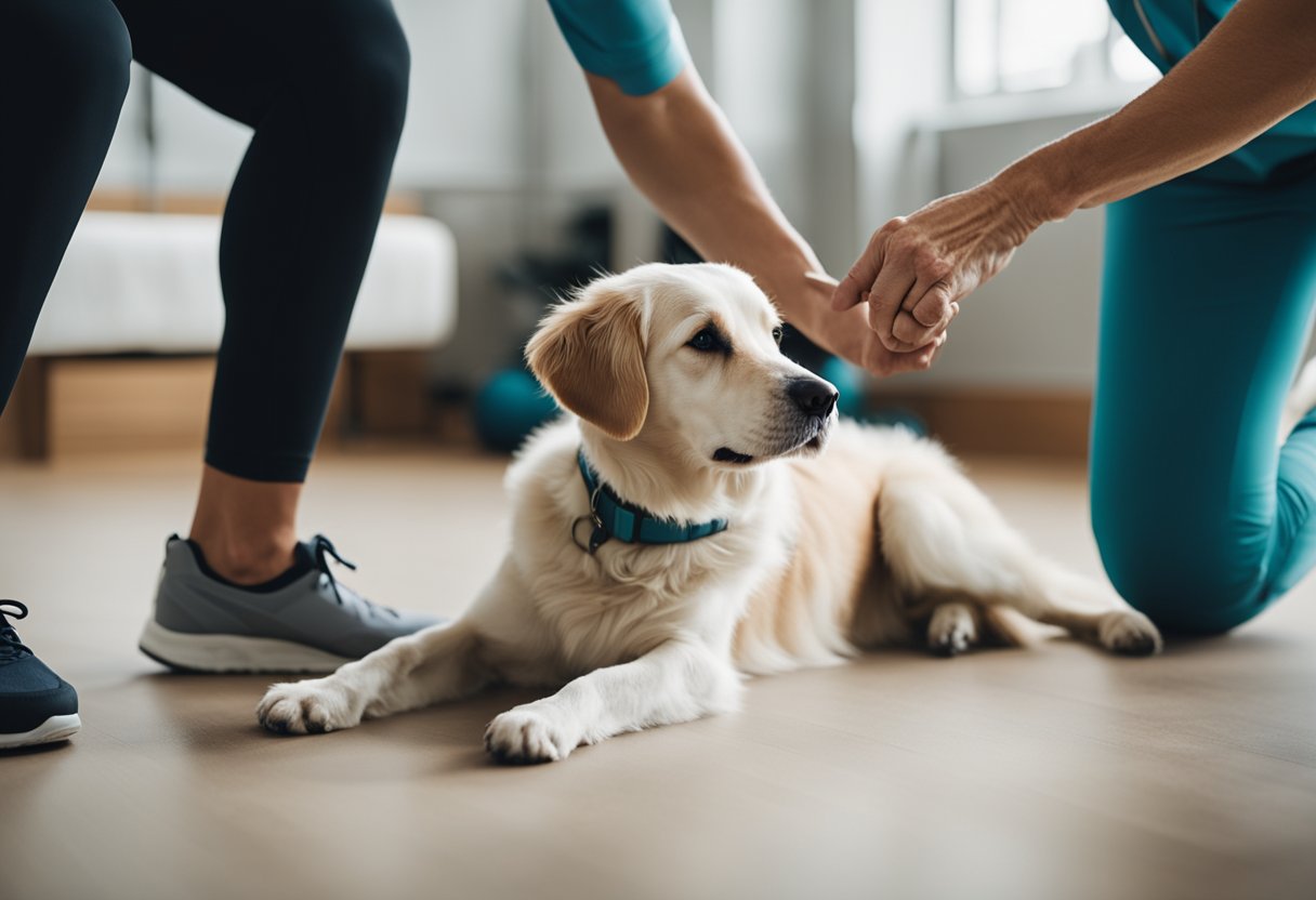 Um cachorro idoso recebendo fisioterapia com um terapeuta guiando-o em exercícios suaves para melhorar a mobilidade e o conforto.