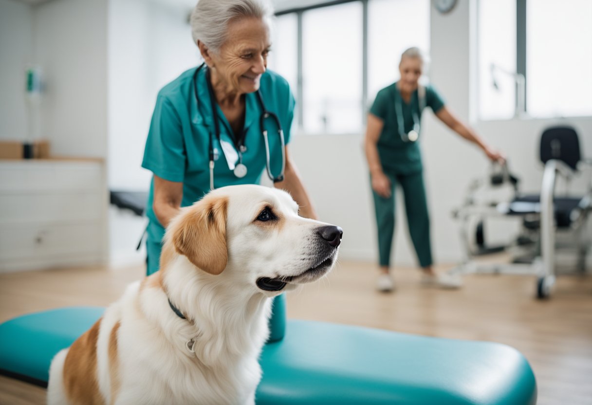 Um cachorro idoso recebendo exercícios de fisioterapia com um fisioterapeuta canino profissional em uma clínica ampla e iluminada.