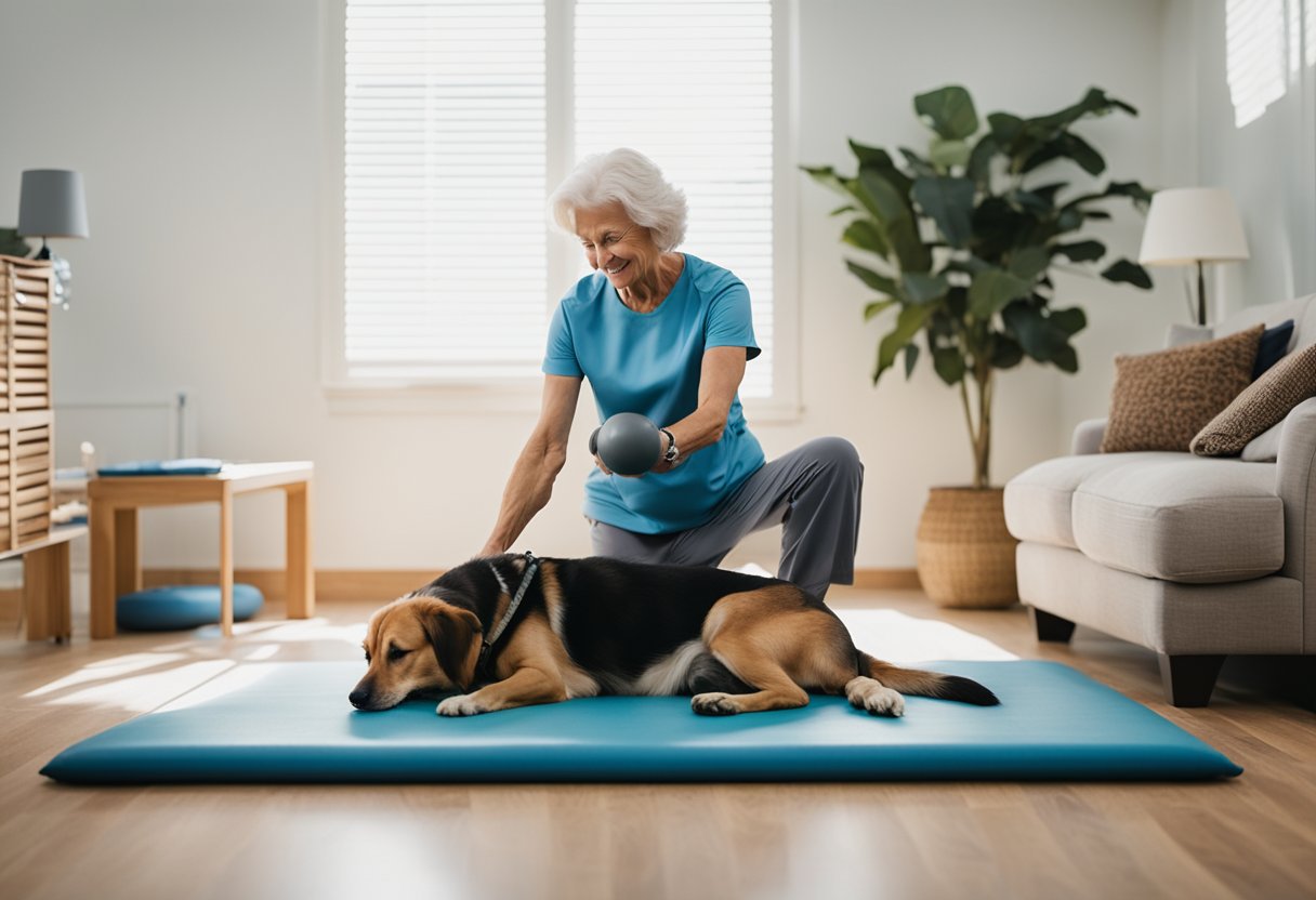 Um cão idoso recebendo fisioterapia em um tapete acolchoado, guiado por um terapeuta atencioso em uma sala clara e espaçosa, cheia de equipamentos de exercício e decoração relaxante.