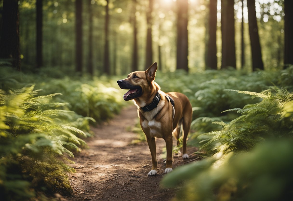 Um cachorro feliz usando um elegante rastreador GPS em sua coleira, explorando uma floresta exuberante e iluminada pelo sol com confiança e liberdade