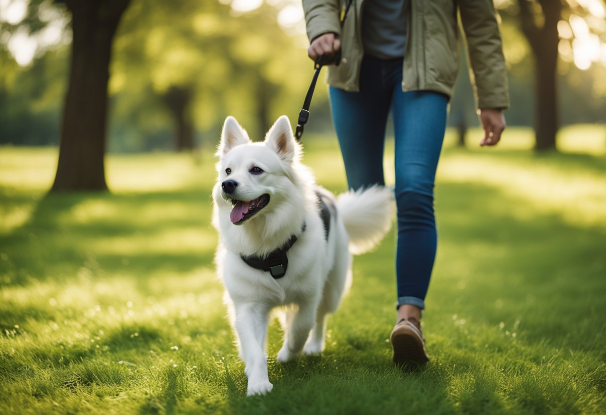 Um cachorro usando um rastreador GPS corre livremente em um parque verdejante, enquanto seu dono observa com tranquilidade à distância.